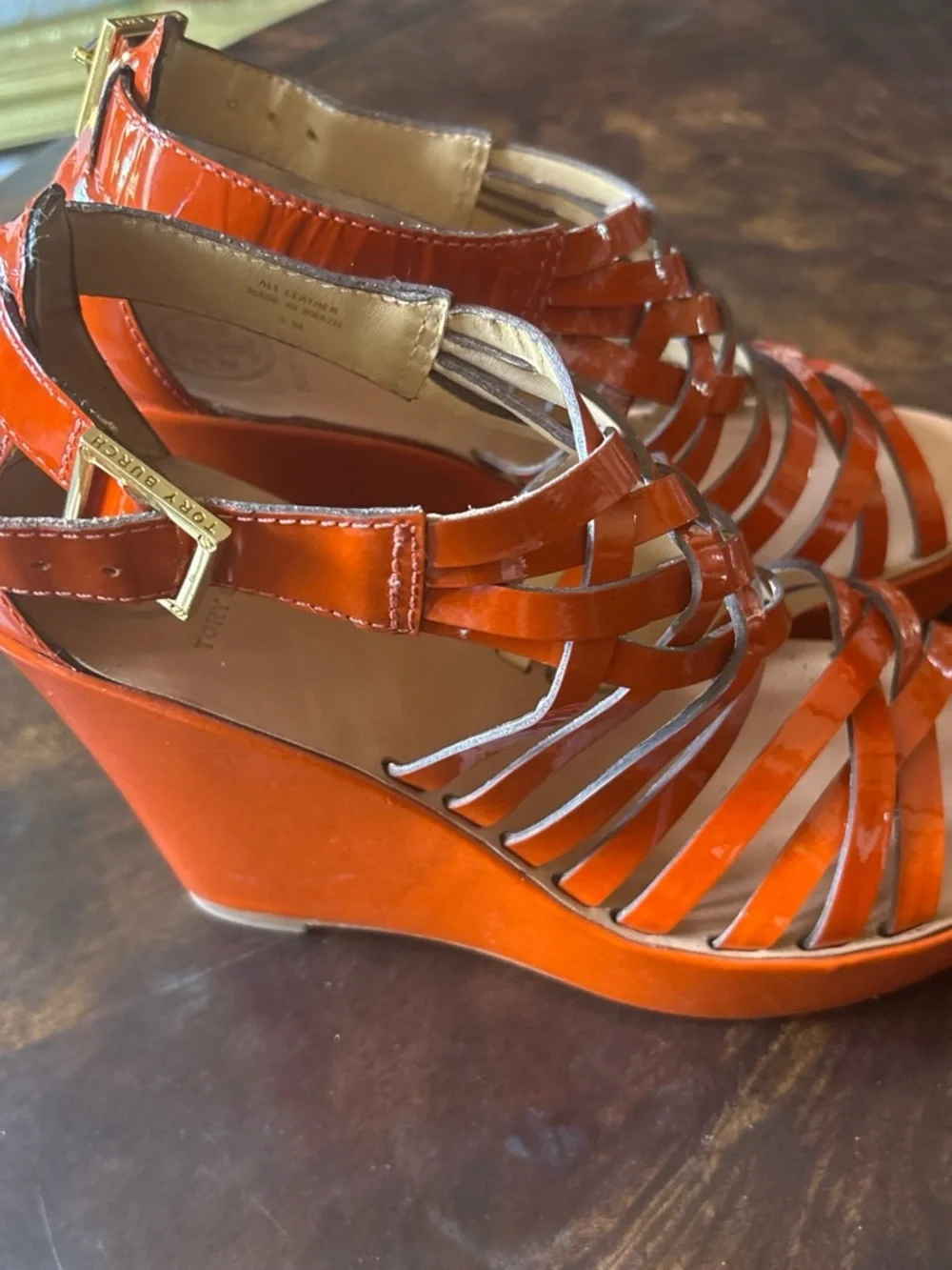 Tory Burch Orange Patent Leather Strappy Heels